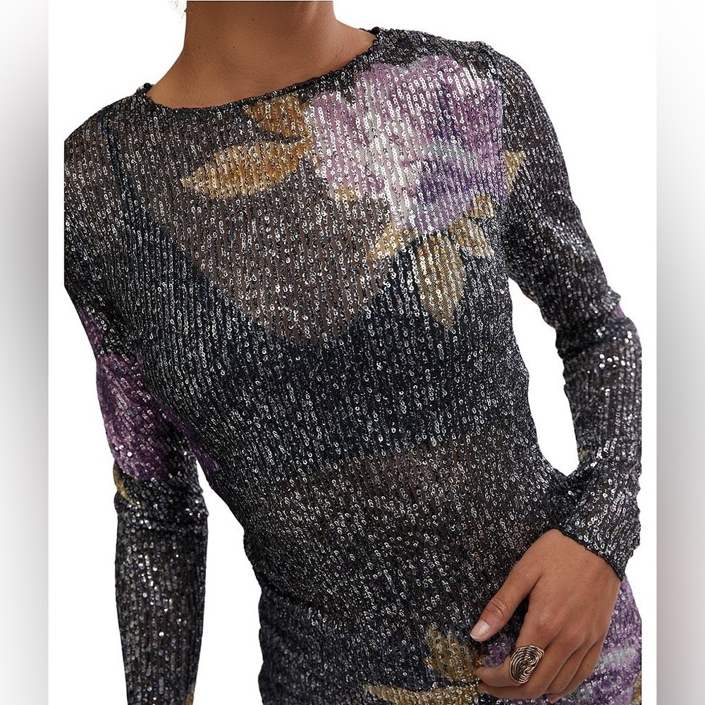 NWT new XS free people Gold Rush Floral Sequin Long Sleeve Top black purple - Picture 14 of 15
